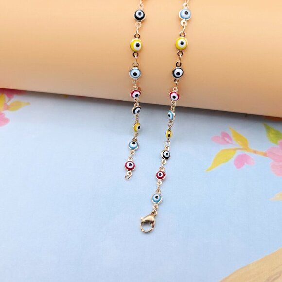 Colorful Evil Eye Rose Gold Necklace, 18 Inch, Gold Plated Brass, XPNL0102 - Picture 8 of 12